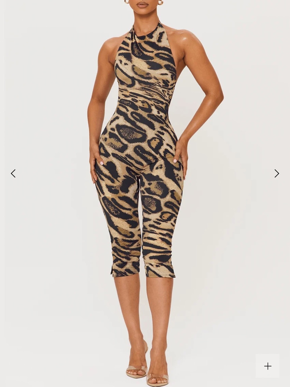 Halter-Neck Leopard-Print Capri Jumpsuit - Black/Tan